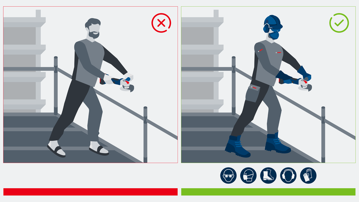 A person uses a grinder on scaffolding, wearing safety equipment on the right side.