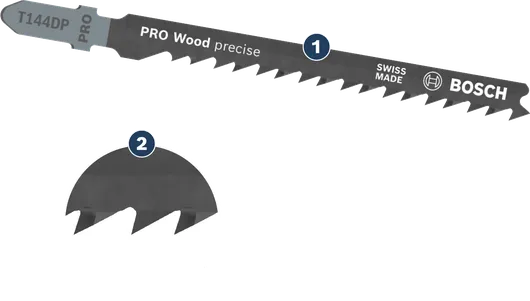 Bosch T144DP PRO Wood precise jigsaw blade for clean wood cuts.