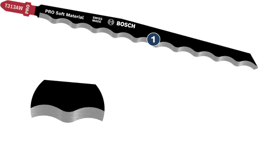Bosch PRO Soft Material T313AW jigsaw blade with serrated edge.