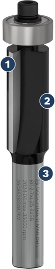 Bosch straight router bit for precise woodworking.