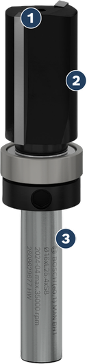Bosch straight router bit with guide bearing for wood cutting.