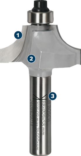 Bosch router bit with guide bearing for woodworking.