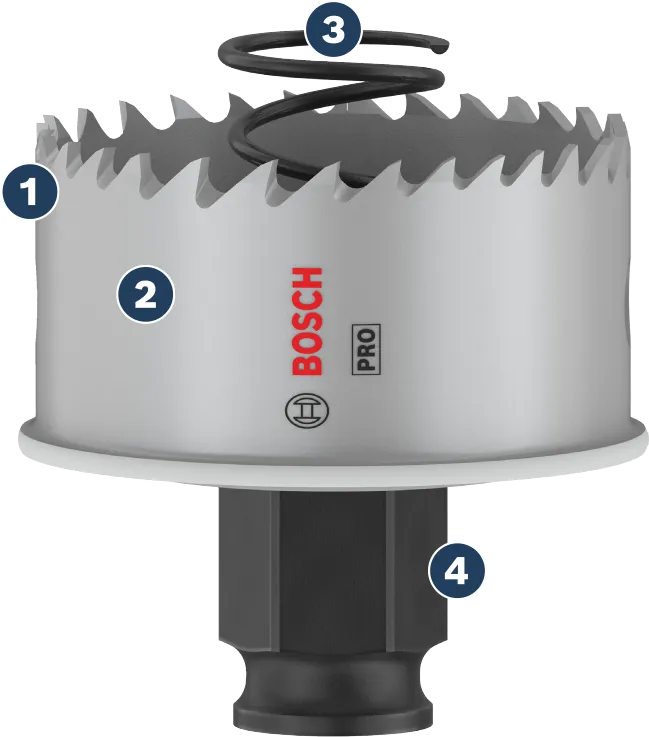 Bosch hole saw with carbide teeth and quick-change adapter.