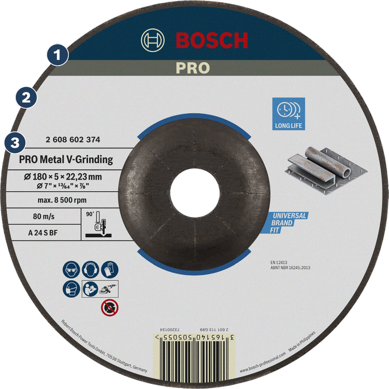 Bosch PRO Metal V-Grinding disc for long-life metal grinding.