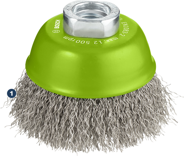 Bosch wire cup brush for surface cleaning.