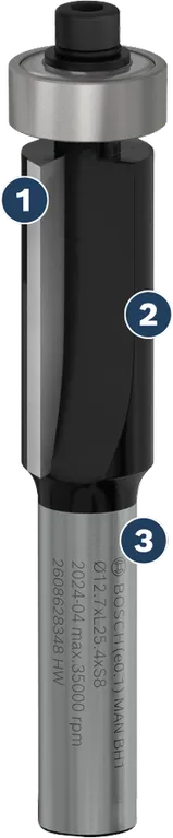 Bosch straight router bit for precise woodworking.