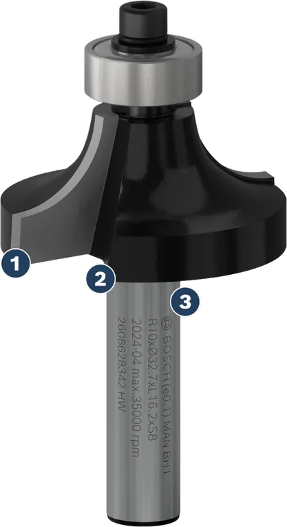 Bosch roundover router bit with ball bearing guide.