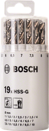 Bosch 19-piece HSS-G metal drill bit set in plastic tube.
