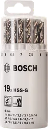 Bosch 19-piece HSS-G metal drill bit set in plastic tube.