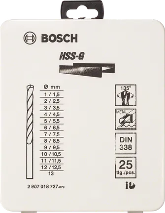 Bosch 25-piece HSS-G metal drill bit set 1–13 mm.