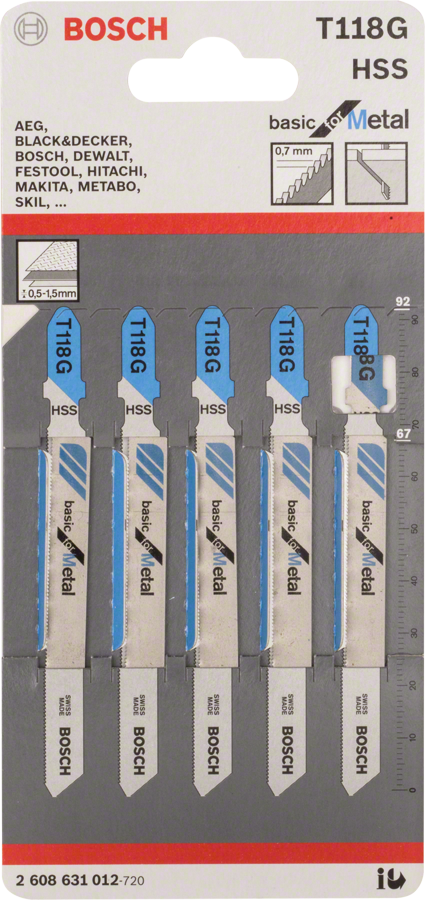 Bosch jigsaw blade T 118 G set for metal cutting.