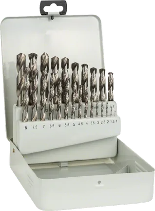 Bosch 25-piece HSS-G metal drill bit set in metal case.