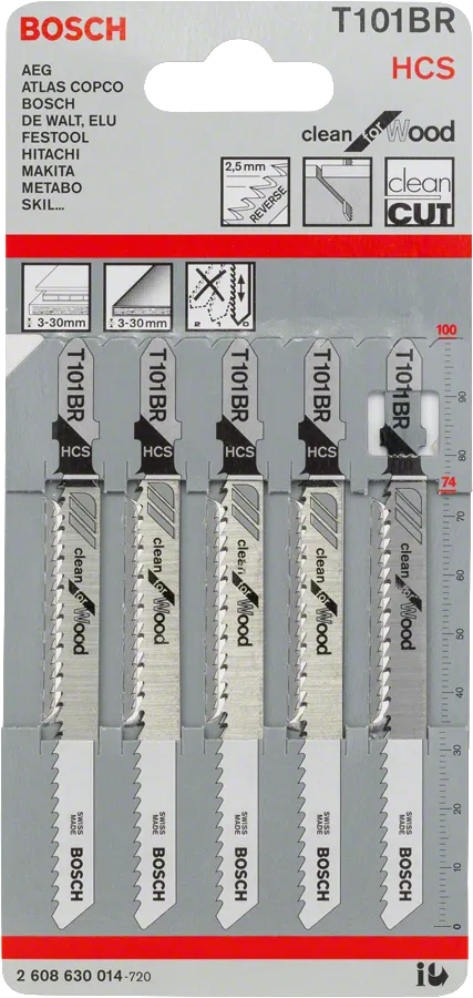 Bosch T 101 BR jigsaw blades for clean wood cutting.