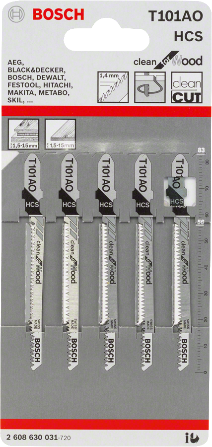 Bosch T 101 AO jigsaw blades for clean wood cutting.