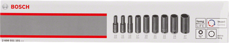 Bosch 9-piece long socket set 10–27 mm.