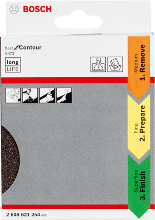 Bosch Contour S473 sanding sheets for removal, preparation, and finishing.