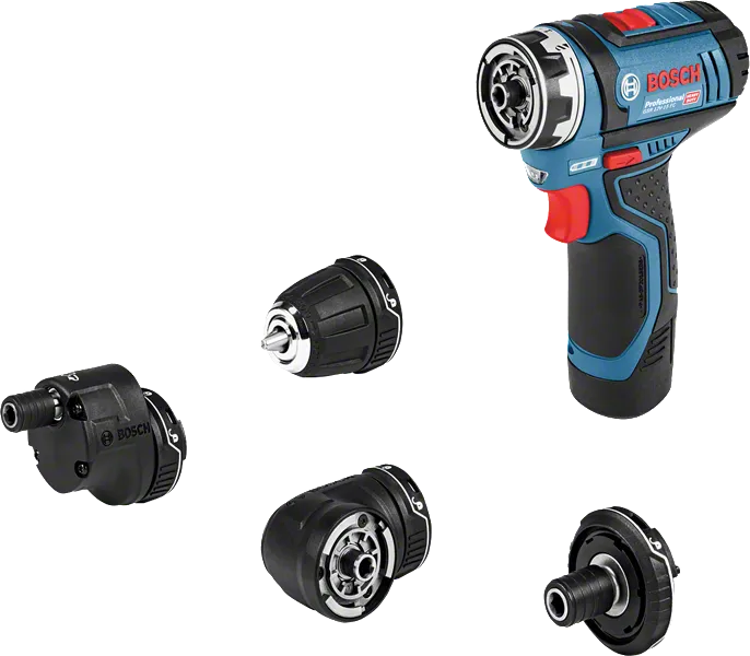 Bosch GSR 12V-15 FC cordless drill set with four attachments.
