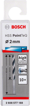 Bosch HSS PointTeQ 2mm high-speed drill bit pack.