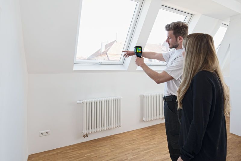 Person demonstrates a thermo camera to another person near a window in a bright room.