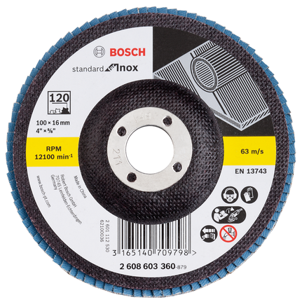 Bosch flap disc 100mm diameter grit 120 for metal.