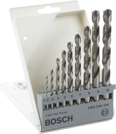 Bosch HSS drill bit set in labeled plastic case.