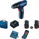 Bosch GSB 120-LI cordless drill set with batteries and accessories.
