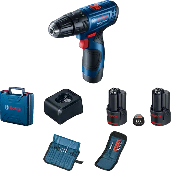 Bosch GSB 120-LI cordless drill set with batteries and accessories.