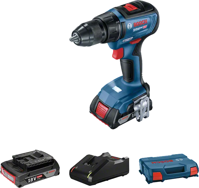 Bosch GSR 18V-50 cordless drill set with battery and case.