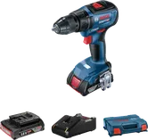 Bosch GSR 18V-50 cordless drill set with battery and case.