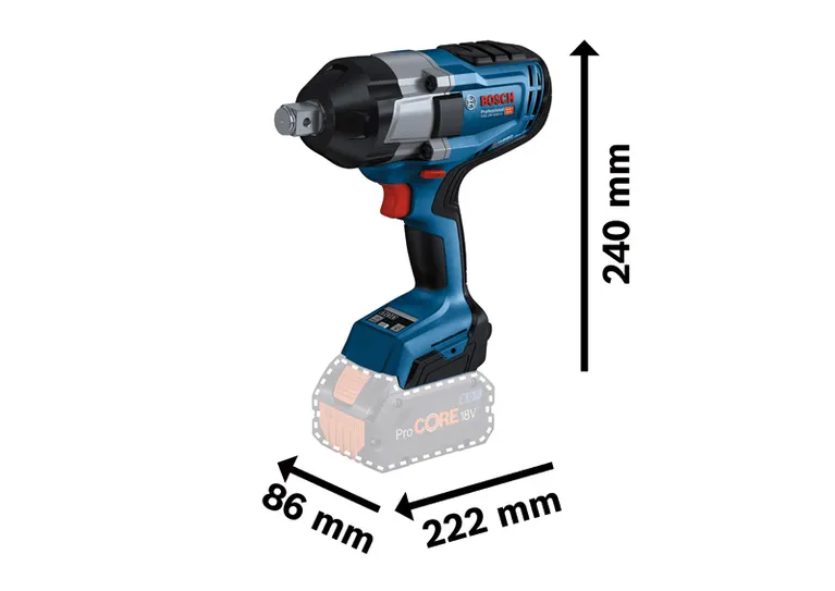 Bosch GDS 18V-1050 H cordless impact wrench with dimensions.