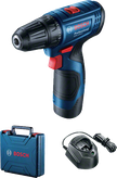Bosch GSR 120-LI cordless drill set with charger and case.