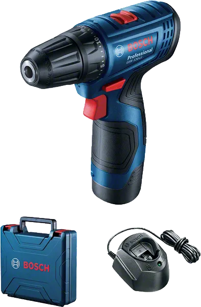 Bosch GSR 120-LI cordless drill set with charger and case.