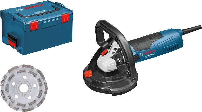 Bosch GBR 15 CAG concrete grinder with case and diamond wheel.
