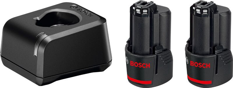 Bosch 12V battery charger and two lithium-ion batteries.