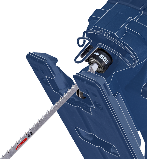 Close-up of a jigsaw tool showing blade installation with SDS quick-change system.