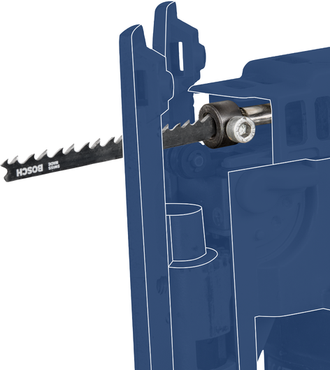 A saw blade moves through a partially transparent housing, showing internal mechanism.