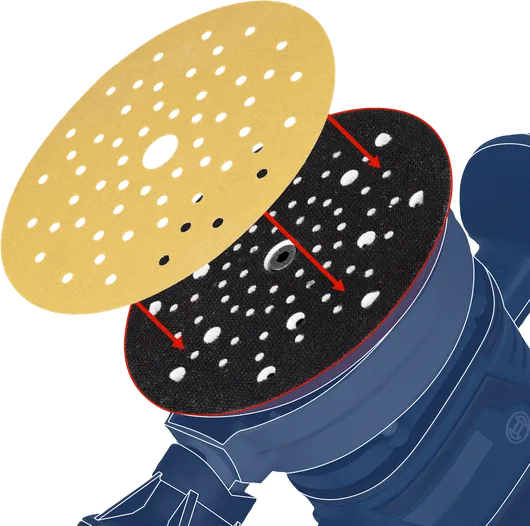 Sanding disc being aligned and attached to a power sander.