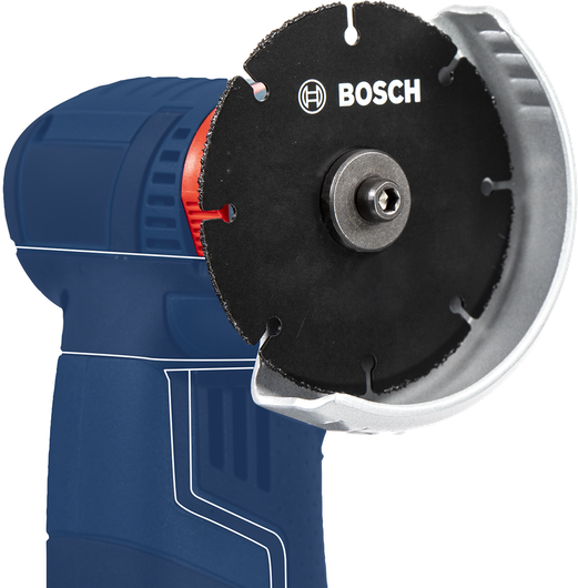 Compact power tool with a protective blade guard for cutting tasks.