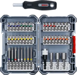 Bosch 32-piece screwdriver and drill bit set with case.