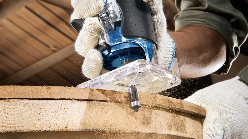 A person wearing safety equipment uses a palm router to shape the edge of a wooden board.