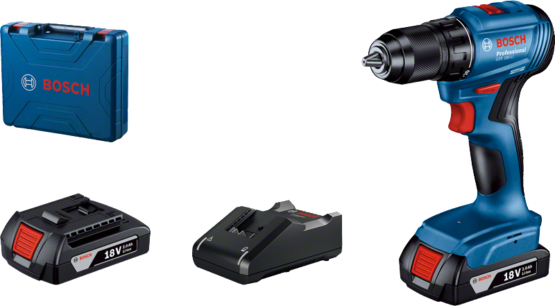 Bosch cordless drill GSR 185-LI with 18V battery, charger and case.