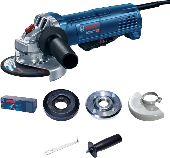 Bosch GWS 9-125 P angle grinder with accessories.