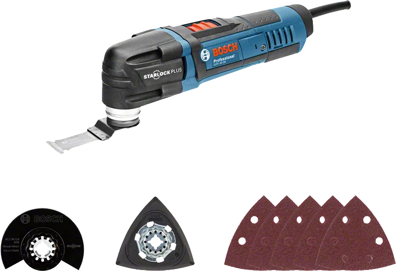 Bosch GOP 30-28 multi-tool with Starlock Plus accessories.