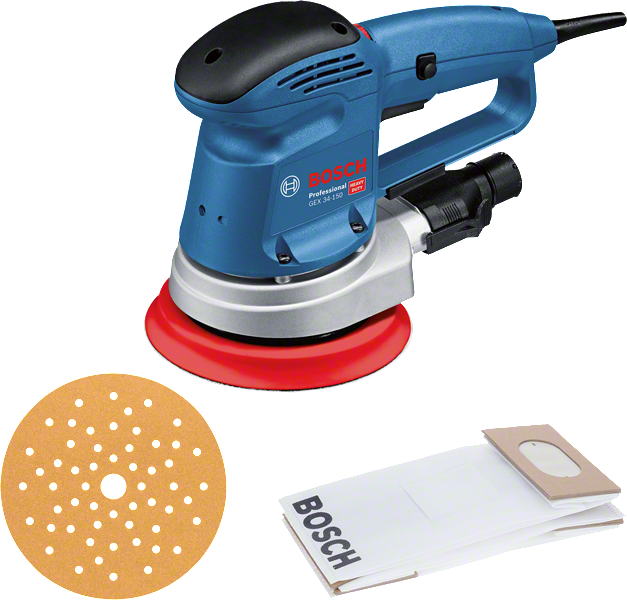 Bosch GEX 34-150 random orbit sander with dust bag.