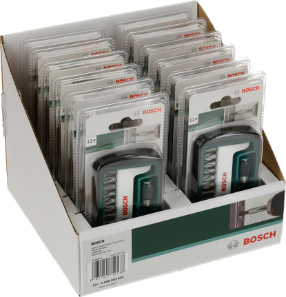 Bosch 12-piece screwdriver bit set in retail display.