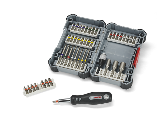 Bosch 32-piece screwdriver bit and socket set in case.