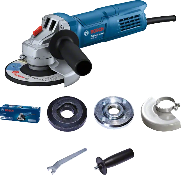 Bosch GWS 800 angle grinder with accessories.
