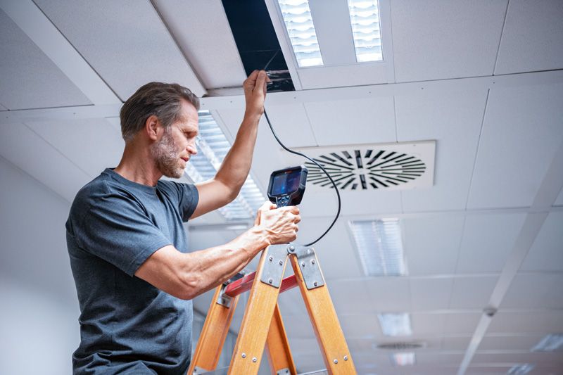 A person on a ladder inspects a ceiling panel with an inspection camera.