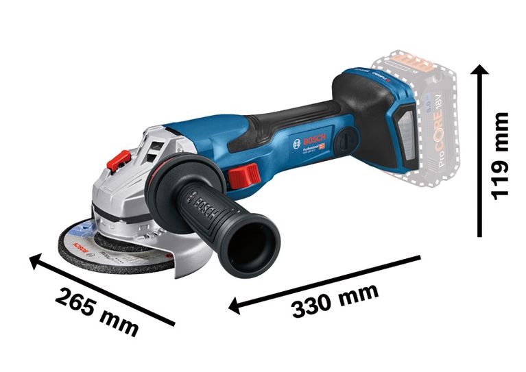 Bosch GWS 18V-15 C cordless angle grinder with dimensions.