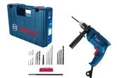 Bosch GSB 600 drill kit with multiple drill bits and case.
